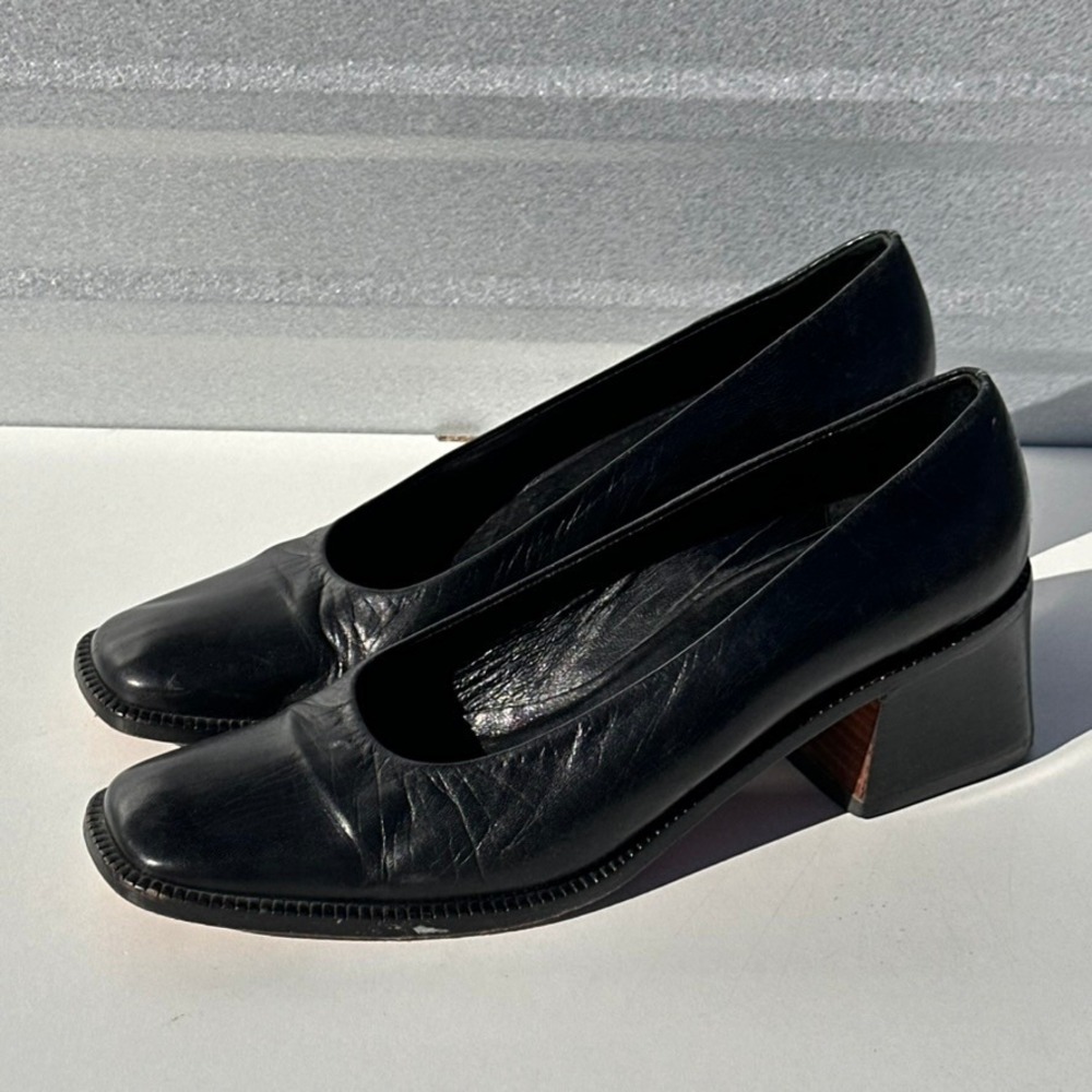 Jil Sander Vintage Black Leather Square Toe Block Heel Pumps Made in Spain 38 - Picture 1 of 13